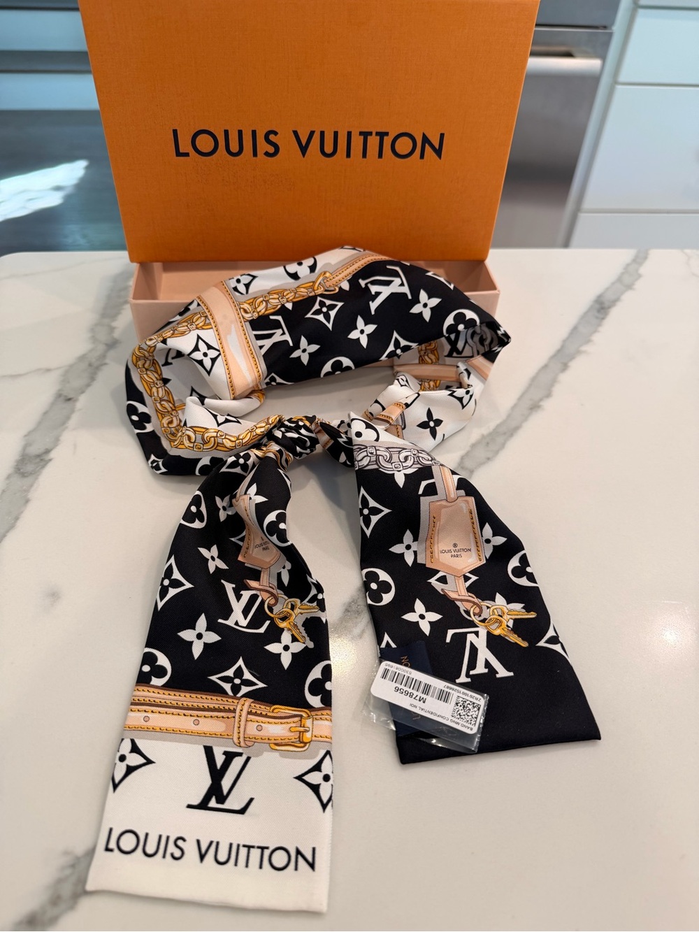 Louis Vuitton Black, White & Gold Monogram Silk Twilly Scarf